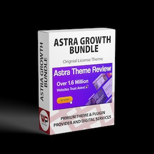 Könnte beinhalten: Eine weiße Box mit dem Text "ASTRA GROWTH BUNDLE" in fetten schwarzen Buchstaben. Die Box enthält auch den Text "Astra Theme Review" und "Over 1.6 Million Websites Trust Astral". Die Box ist für Premium-Theme- und Plugin-Anbieter und digitale Dienste.