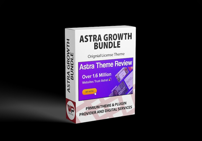 K&ouml;nnte beinhalten: Eine wei&szlig;e Box mit dem Text "ASTRA GROWTH BUNDLE" in fetten schwarzen Buchstaben. Die Box enth&auml;lt auch den Text "Astra Theme Review" und "Over 1.6 Million Websites Trust Astral". Die Box ist f&uuml;r Premium-Theme- und Plugin-Anbieter und digitale Dienste.