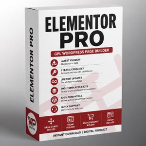 May include: A white and maroon rectangular box for Elementor Pro GPL WordPress Page Builder. The front displays the product name, features like 1 year license key, lifetime updates, 300+ templates, and icons for drag and drop, theme, and popup builders.