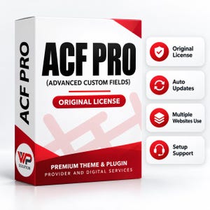 May include: A white and red rectangular box for ACF PRO Advanced Custom Fields software. The box features the text ACF PRO, ORIGINAL LICENSE, and PREMIUM THEME & PLUGIN PROVIDER AND DIGITAL SERVICES. Four white icons list Original License, Auto Updates, Multiple Websites Use, and Setup Support.