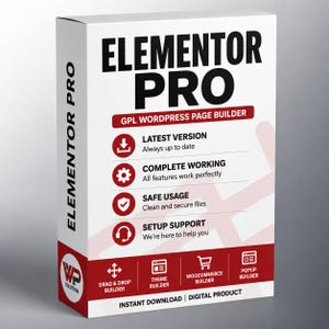 Può includere: Una scatola software rettangolare bianca per Elementor Pro GPL WordPress Page Builder. La parte anteriore presenta testo nero in grassetto, accenti rossi e icone per funzionalità come il costruttore drag and drop, temi e WooCommerce.
