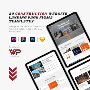 Könnte beinhalten: Digitale Darstellung einer Vorlage für eine Landingpage für eine Bauwebsite. Der Text lautet "20 Construction Website Landing Page Figma Templates". Das Design ist kompatibel mit Figma, Sketch, Adobe XD und Photoshop. Das WP Solution Logo ist ebenfalls sichtbar.
