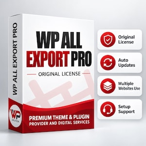 May include: A white and red software box for WP ALL EXPORT PRO with the text Original License, Premium Theme & Plugin Provider and Digital Services. Four white rectangular icons feature red circles with symbols for license, updates, layers, and support.
