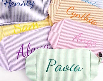Personalized Embroidered Striped Storage Pouch, Custom Name Canvas Bag, Portable Travel Organizer Cosmetic & Stationery Bag