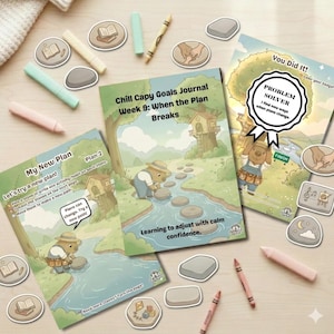 Könnte beinhalten: Eine Sammlung von illustrierten Journalen und Aufklebern mit dem Text "Chill Capy Goals Journal" und "My New Plan". Die Journale zeigen einen Cartoon-Biber-Charakter und den Satz "Lernen, sich mit ruhiger Zuversicht anzupassen".