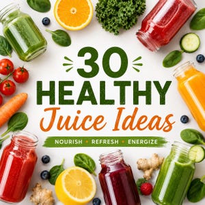 Könnte beinhalten: Eine Draufsicht auf verschiedene Früchte, Gemüse und Säfte. Das Bild zeigt den Text "30 Healthy Juice Ideas" mit den Worten "Nourish, Refresh, Energize" darunter. Säfte befinden sich in Glasflaschen, umgeben von Zutaten wie Orangen, Grünkohl und Beeren.