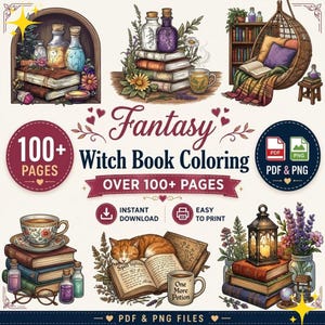 Fantasy Witch Coloring Book, 100+ Pages, Gothic Adult Art (PDF PNG)