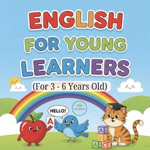 May include: A colorful illustration for young learners. The image features the text "ENGLISH FOR YOUNG LEARNERS" above a rainbow. Cartoon characters include a red apple, a blue bird, and a cat with alphabet blocks. The text "(For 3 - 6 Years Old)" is also included.