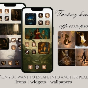 May include: Two smartphones displaying a fantasy-themed app icon pack. The icons feature illustrations of mermaids, wizards, and other fantasy elements. The text "Fantasy haven app icon pack" is displayed above the phones, with the text "When you want to escape into another realm" below.