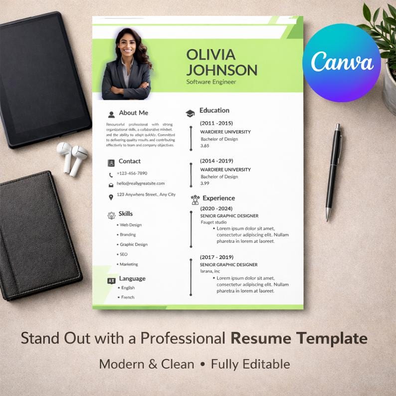 Canva Resume Template | Editable CV Design | Professional Job Resume ...