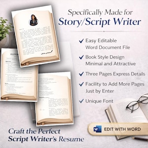 May include: A resume template designed for script writers. The design features open book layouts with text and a photo. Text includes "Specifically Made for Story/Script Writer", "Easy Editable", and "Edit with Word".