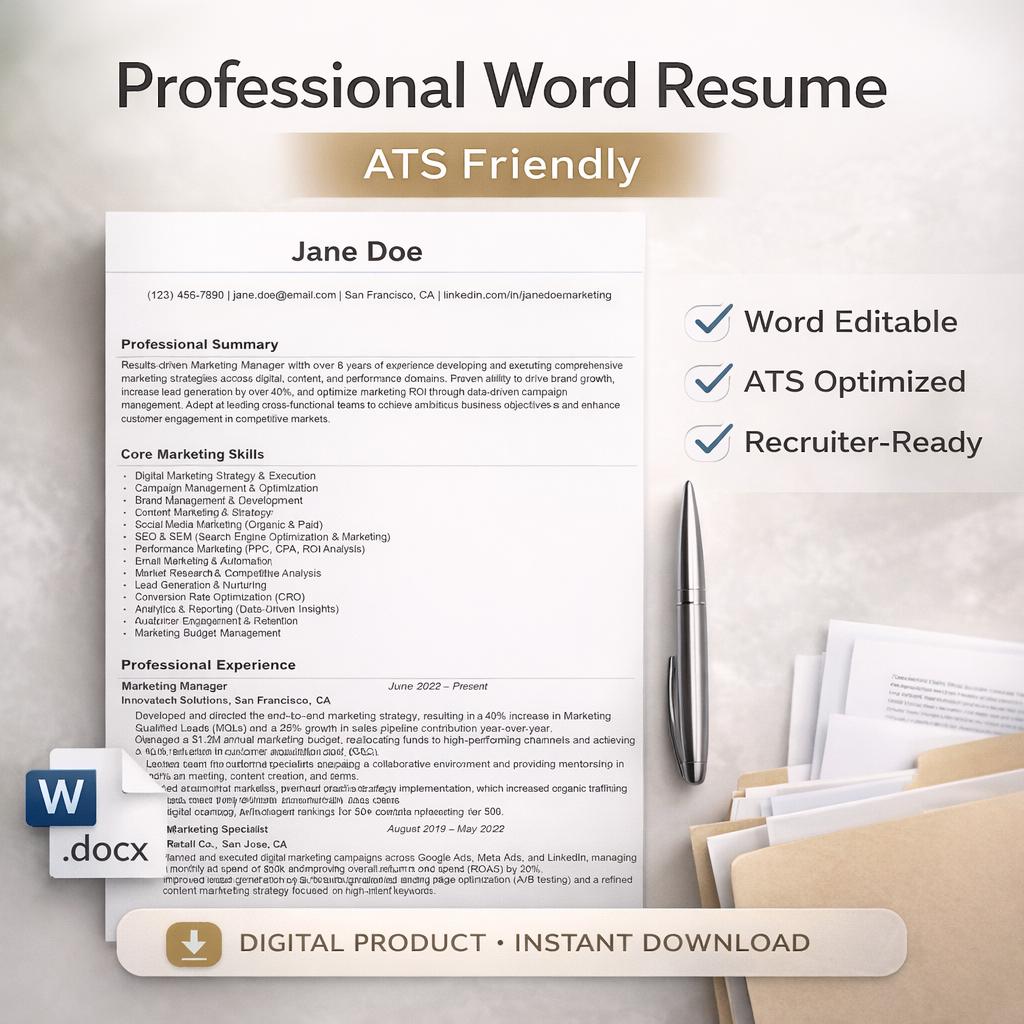 Marketing Resume Template | ATS Friendly CV for Marketing Manager ...