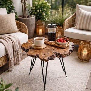 Op de afbeelding: Een rustieke houten salontafel met zwarte metalen poten, met een kopje koffie, een dienblad met bessen en een cafetière. De tafel staat op een lichtgekleurd tapijt, omringd door rieten stoelen en planten, wat een gezellige buitenruimte creëert.