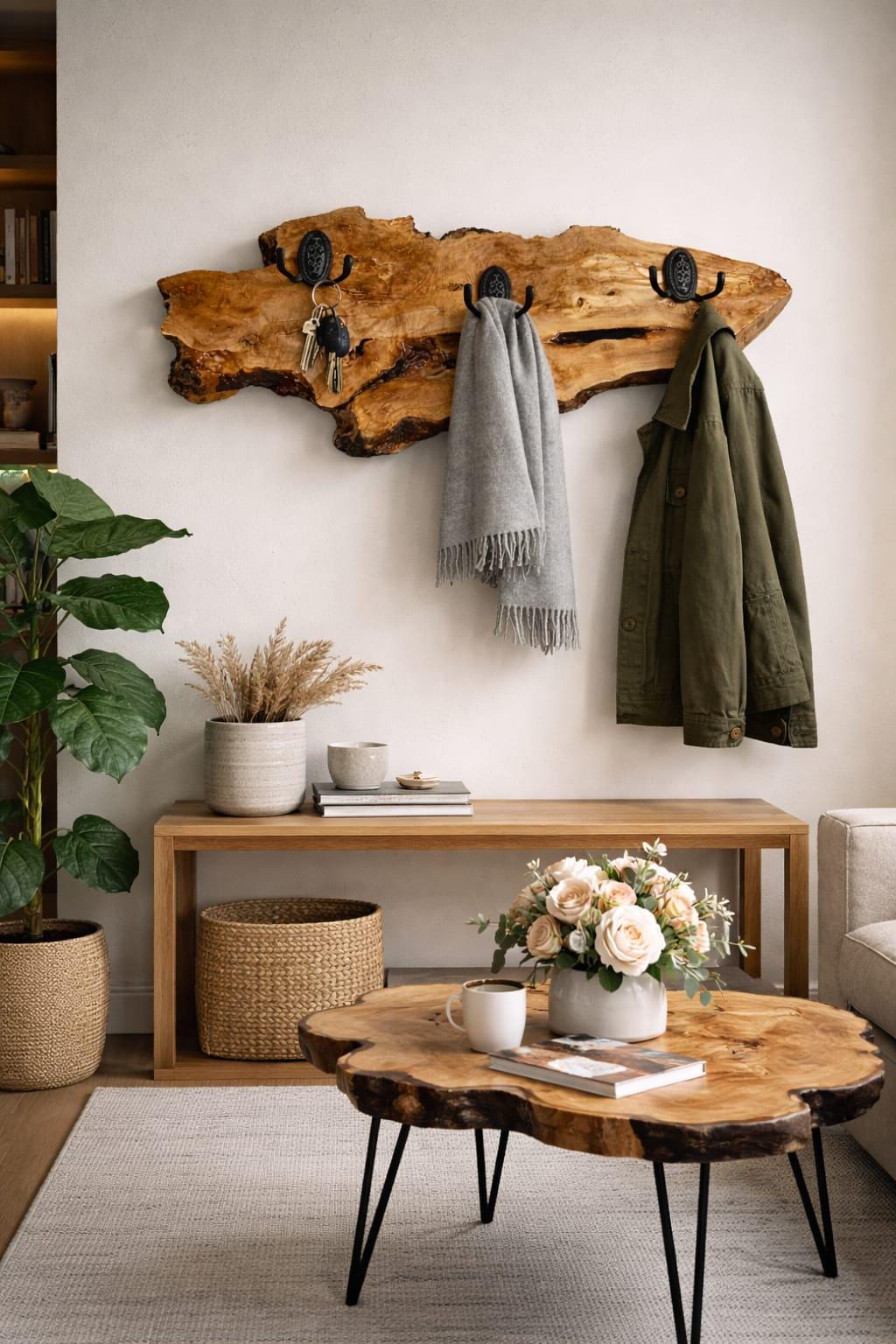 Log Coat Racks Handmade Live Edge Wood Coat Rack, Rustic Wall Mounted Hanger, Natural ...