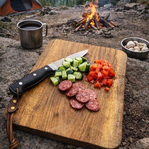 Può includere: Un tagliere in legno con cetrioli, pomodori e salame a fette. Un coltello è sopra. Una tazza di metallo con caffè è accanto, con un falò e una tenda sullo sfondo, tema campeggio.