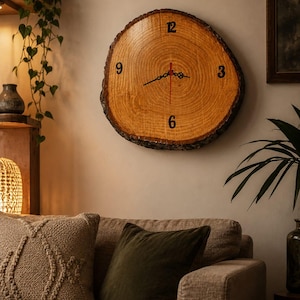 Könnte beinhalten: Eine runde Holzuhr mit natürlichem Rand hängt an einer Wand. Das Zifferblatt zeigt Holzmaserung, schwarze Ziffern und schwarze Zeiger mit einem roten Sekundenzeiger. Die Uhr ist ein dekoratives Element in einem Wohnzimmer.