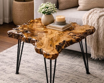 Mesa de centro de madera de olivo con borde natural, centro de mesa rústico de resina epoxi para sala de estar, 4 cm de grosor, mueble artesanal hecho a mano, regalo decorativo