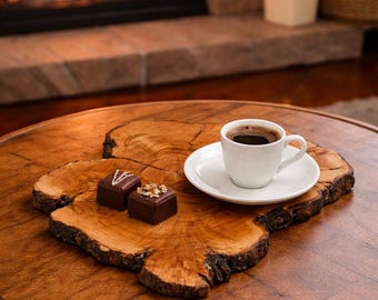 Natural Edge Olive Wood Serving Board, Food Safe Rustic Coaster Tray, Thick Wooden Coffee Platter, Artisan Home Decor Kitchen Gifts