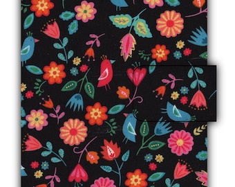 Paperback Book Cover Colorful Flowers on Black Fabric Book Cover With Hook & Loop Closure