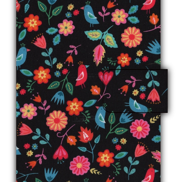 Paperback Book Cover Colorful Flowers on Black Fabric Book Cover With Hook & Loop Closure