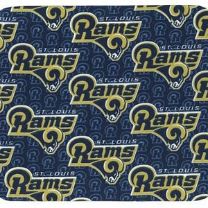 May include: A blue and gold fabric with a repeating pattern of the words "St. Louis Rams".