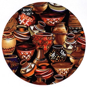 May include: A collection of brown, red, and white pottery with geometric patterns on a black background.