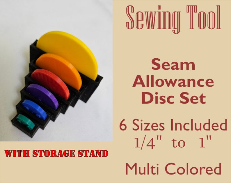 May include: A set of six colorful plastic seam allowance discs with a black storage stand. The discs are 1/4 inch to 1 inch in size. "Sewing Tool Seam Allowance Disc Set 6 Sizes Included 1/4" to 1" Multi Colored" is written on the image.