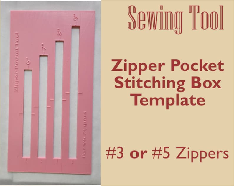 Op de afbeelding: Een rechthoekig roze naaigereedschap-sjabloon met vier verticale uitsparingen gelabeld 6", 7", 8" en 9". De tekst luidt: Sewing Tool, Zipper Pocket Stitching Box Template, #3 or #5 Zippers en Zipper Pocket Tool for #5 Zippers.