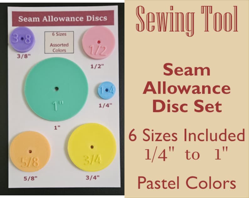 Peut inclure: Un ensemble de six disques d'alignement de couture en plastique de couleur pastel. Les disques ont un diam&egrave;tre de 1/4 pouce, 3/8 pouce, 1/2 pouce, 5/8 pouce, 3/4 pouce et 1 pouce.