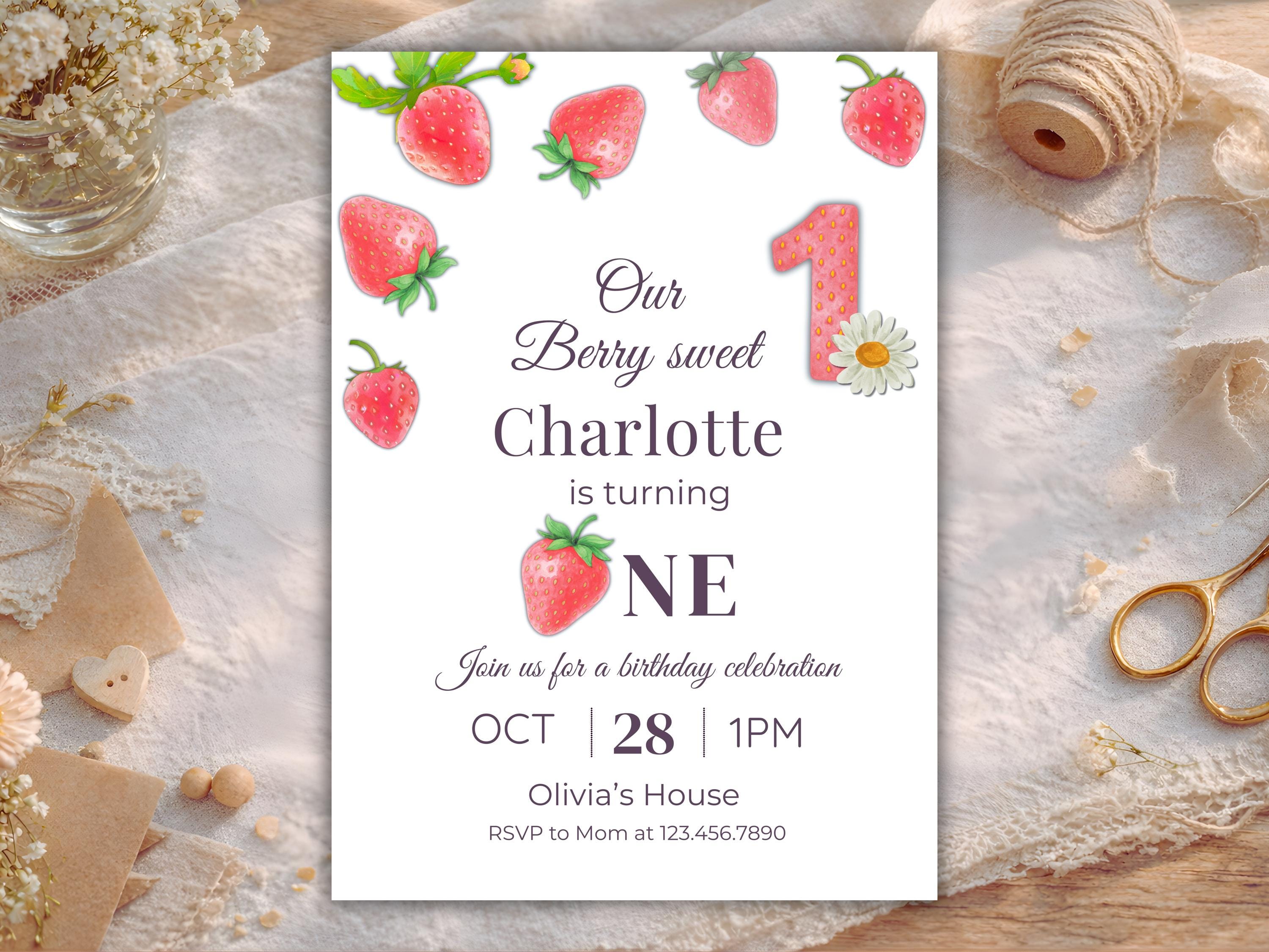 Printable Inv Berry Sweet First Birthday Invitation Template , Strawberry 1st ...