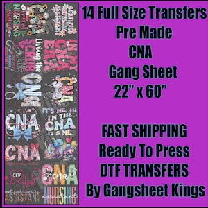 May include: A purple background with text and a sheet of 14 full-size CNA transfers. The transfers feature various designs with stethoscopes, bows, and the words "CNA", "Nursing Assistant", and "Scrub Life". The gang sheet measures 22" x 60".