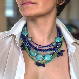 Layered Turquoise Statement Necklace – Boho Chic Blue Green Beaded Necklace, chunky Bold  Handmade Jewelry