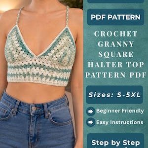 Crochet Granny Square Halter Top Pattern PDF, Boho Summer Crop Top, Lace Up Back Cami, Beginner Friendly DIY Tank, Pdf Pattern