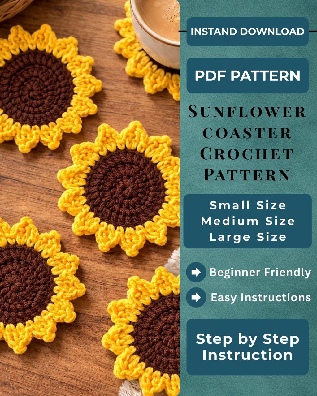 Sunflower Coaster Crochet Pattern PDF, Flower Coaster Pattern, Easy ...