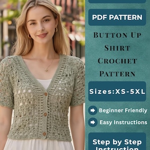 Crochet Cardigan Pattern PDF, Easy Crochet Top, Summer Lace Cardigan, Button Up Shirt Pattern, Beginner Friendly, Instant Download