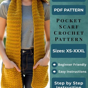 Pocket Scarf Crochet Pattern PDF | Shawl Scarf with Pockets, Easy Winter Wrap, Beginner Friendly Crochet Tutorial