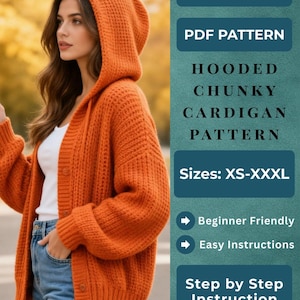 Dicke grobstrick Strickjacke mit Kapuze Muster PDF | Super voluminöser Strickpullover Hoodie | Übergroßer Wintermantel | Sofort Download