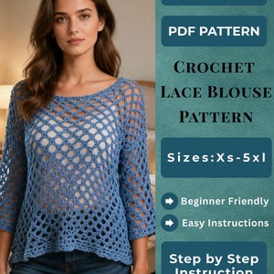 Patrón de blusa de encaje a crochet en PDF, top de crochet de malla veraniega, camisa bohemia de manga corta, pareo ligero para la playa, patrón de top de crochet fácil.