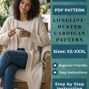 Cardigã Longo em Tricô - Modelo em PDF | Suéter Grosso e Oversized | Casaco Feminino de Tricô | Fácil para Iniciantes | Download Imediato