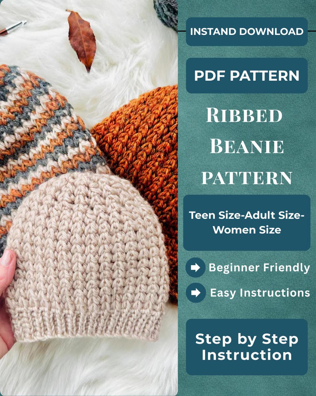 Easy Ribbed Beanie Crochet Pattern – Beginner Knit-look Hat (PDF ...