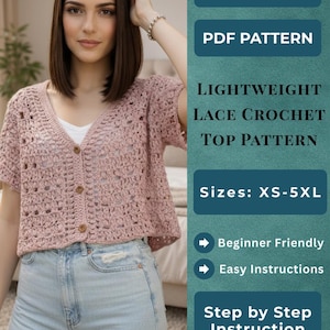 Summer Crochet Cardigan Pattern, Lightweight Lace Crochet Top Pattern, Short Sleeve Boho Cardigan, Button Up Crochet Crop Top PDF