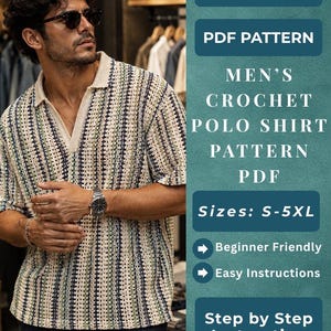 Men’s Crochet Polo Shirt Pattern PDF, Summer Mesh Crochet Shirt Pattern, Striped Buttonless Collared Top, Men’s Knit Tee, Digital Download