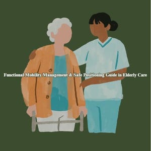 May include: Illustration of two figures, one elderly and one caregiver, on a green background. The elderly person uses a walker. Text reads "Functional Mobility Management & Safe Positioning Guide in Elderly Care."