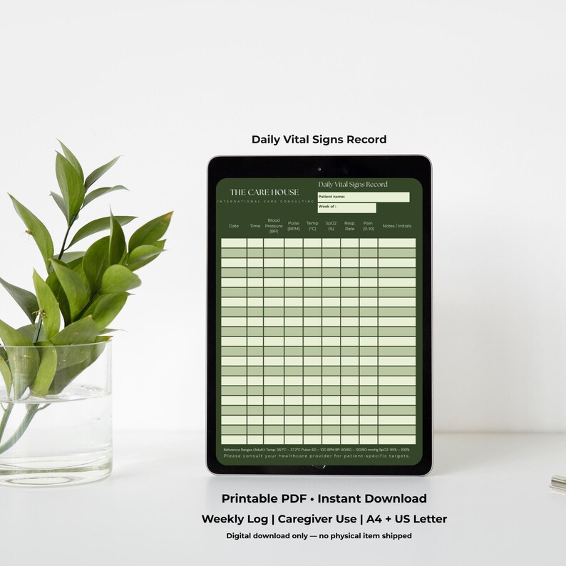 Spo2 Log Template Daily Vital Signs Record PDF | Caregiver Log Sheet | Blood Pressure ...