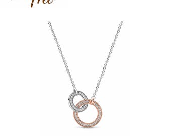 Kenmerkende tweekleurige ketting met verweven cirkels, 925 sterlingzilveren kettingen, past op Europese armbanden en kettingen