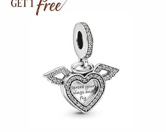 Heart And Angel Wings Charm S925 Ale, 925 sterlingzilveren bedel, past op Europese armbanden en kettingen