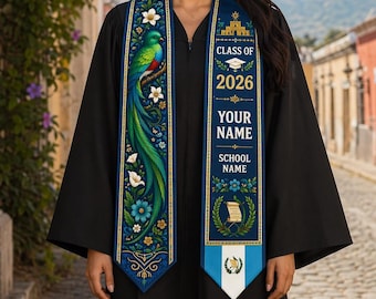 Estola de graduación personalizada de Guatemala 2026, banda con la bandera del quetzal azul, regalo personalizado para graduados con nombre y herencia