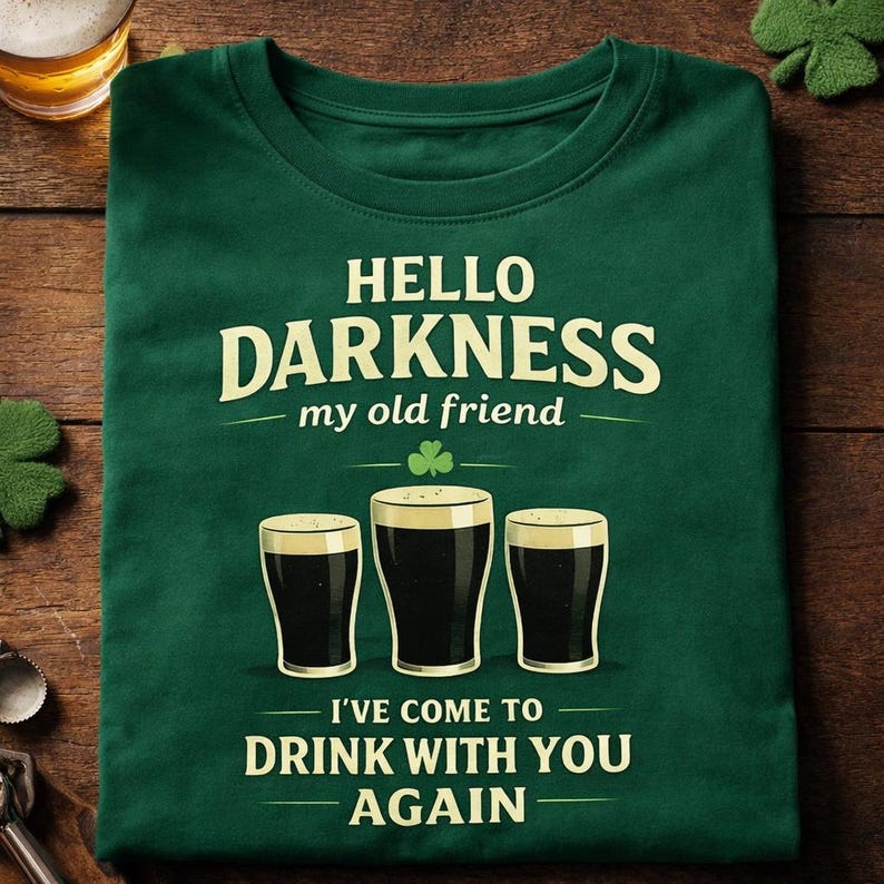 Hello Darkness My Old Friend Irish Beer T-Shirt, St Patrick’s Day Party Tee, Funny Drinking Gift Shirt, Guinness Stout Lover Top, Irish Pub image 2