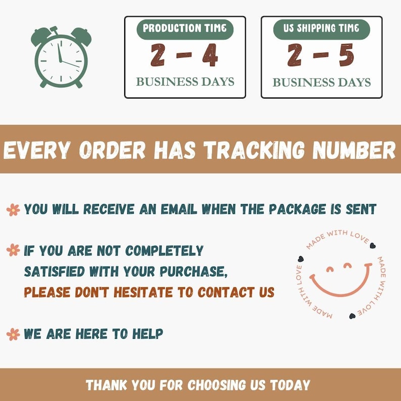May include: A graphic with text about production and shipping times, and customer service. The text includes "Production Time 2-4 Business Days" and "US Shipping Time 2-5 Business Days". There is a clock graphic and a smiley face.
