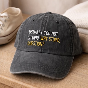 Puede incluir: Gorra de béisbol gris oscuro con el texto "USUALLY YOU NOT STUPID. WHY STUPID, QUESTION?" en letras blancas y amarillas. La gorra tiene una visera curva y un cierre de correa. Un accesorio casual.